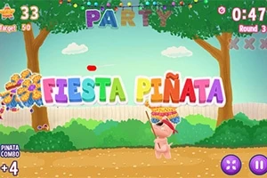 Fargerik scene med en figur som står under et piñata-skilt omgitt av trær og festdekorasjoner