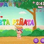 Fargerik scene med en figur som står under et piñata-skilt omgitt av trær og festdekorasjoner