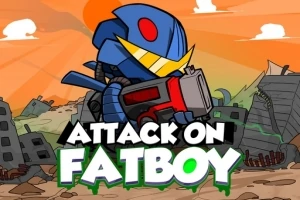 En tegneseriefigur i rustning holder en stor kanon foran en øde by med ruiner og oransje himmel, med teksten Attack on Fatboy i forgrunnen