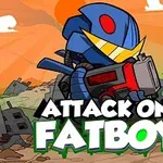En tegneseriefigur i rustning holder en stor kanon foran en øde by med ruiner og oransje himmel, med teksten Attack on Fatboy i forgrunnen