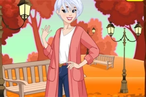 En animerte figur med hvitt hår og rosa jakke står i en høstlig park med benker og gatelykter