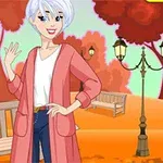 En animerte figur med hvitt hår og rosa jakke står i en høstlig park med benker og gatelykter