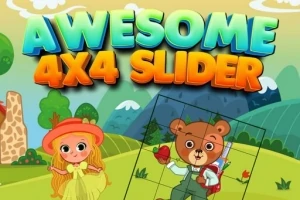 Teksten Awesome 4x4 Slider i fargerike bokstaver over en tegning av en jente i gult og en bjørn med eple i en landlig fjellandskap