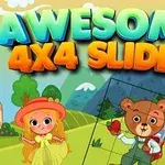 Teksten Awesome 4x4 Slider i fargerike bokstaver over en tegning av en jente i gult og en bjørn med eple i en landlig fjellandskap