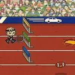 En tegneseriefigur løper på en bane med hinder, en tennisracket, en amerikansk fotball og en flaske, mens publikum ser på i bakgrunnen
