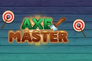 Teksten Axe Master med en illustrasjon av en øks og to blinkskiver på en bakgrunn av trefargede planker