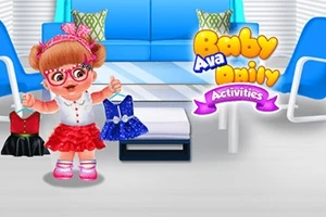 En tegnet baby i rød og hvit antrekk står i en stue med et blått antrekk i hånden, omgitt av fargerike møbler og tekst som sier Baby Ava Daily Activities
