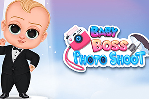 En tegnet baby i dress ved siden av en fargerik logo med et kamera og studiobelysning