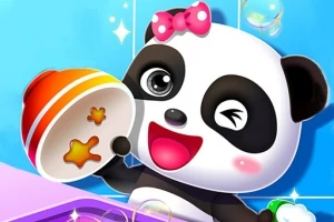 En tegnet panda med rosa sløyfe smiler og holder en bolle over et bord mot en blå bakgrunn