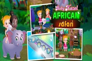 To barn sitter på en elefant, en leirbålscene med to barn og en voksen, et fly i luften, og to barn foran dyrefigurer i en skog