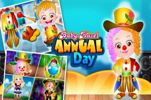 Et fargerikt bilde av en tegneseriefigur kledd som klovn, omgitt av kostymealternativer og tekst som sier Annual Day