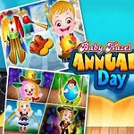 Et fargerikt bilde av en tegneseriefigur kledd som klovn, omgitt av kostymealternativer og tekst som sier Annual Day