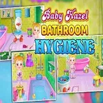 Baby Hazel står ved siden av fargerike bademotiv og teksten Bathroom Hygiene