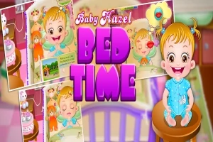 Et smilende barn med kort hår og blå pysjamas sitter ved siden av store lilla bokstaver som sier Bed Time, omgitt av bilder av barnet som sover og leser bok