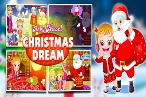 Tegneserieillustrasjon av en liten jente i julekostyme som holder hender med julenissen, omgitt av flere små bilder av dem sammen i forskjellige juleaktiviteter
