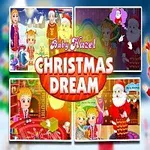 Tegneserieillustrasjon av en liten jente i julekostyme som holder hender med julenissen, omgitt av flere små bilder av dem sammen i forskjellige juleaktiviteter