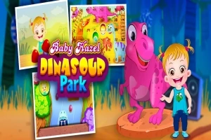 Et barn står ved siden av en rosa dinosaur, omgitt av fargerike bilder og teksten Baby Hazel Dinosaur Park