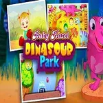 Et barn står ved siden av en rosa dinosaur, omgitt av fargerike bilder og teksten Baby Hazel Dinosaur Park