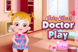 En tegnet liten jente med blondt hår og blå kjole, med en leke-stetoskop rundt halsen, i et fargerikt rom med teksten Baby Hazel Doctor Play ved siden av