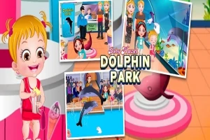 Liten jente med et rødt antrekk står ved siden av bilder fra et delfinpark-eventyr med delfiner og familier