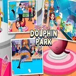 Liten jente med et rødt antrekk står ved siden av bilder fra et delfinpark-eventyr med delfiner og familier