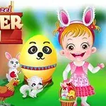En tegneseriejente i påskeantrekk står med et påskeegg, omgitt av dyr som en kanin, en hane og en kattunge