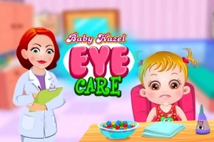 En illustrasjon av en liten jente ved et bord med fargerike boller og en lege ved siden av, med teksten Baby Hazel Eye Care i bakgrunnen