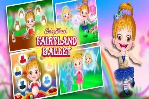 Tegneseriefigur av en smilende, glad jente med oppsatt hår i alvekostyme, omgitt av scener fra en eventyrverden og med teksten Fairyland Ballet