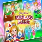 Tegneseriefigur av en smilende, glad jente med oppsatt hår i alvekostyme, omgitt av scener fra en eventyrverden og med teksten Fairyland Ballet