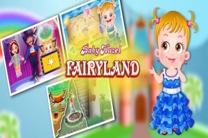 En illustrasjon med en smilende blond jente i en blå kjole foran et slott, med fargerike bilder og teksten Baby Hazel Fairyland