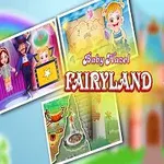 En illustrasjon med en smilende blond jente i en blå kjole foran et slott, med fargerike bilder og teksten Baby Hazel Fairyland
