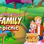 Illustrasjon av en familie på piknik med en piknikkurv foran, omgitt av en fargerik parkbakgrunn