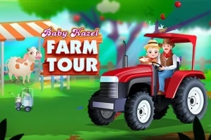 En jente og en gutt kjører en rød traktor forbi et skilt som viser Farm Tour, med en ku i bakgrunnen