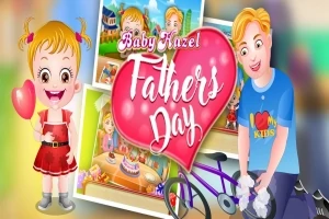 Tegning av en smilende jente med en ballong og en blid mann ved en sykkel, med rosa hjerteformet skilt med teksten Fathers Day i bakgrunnen