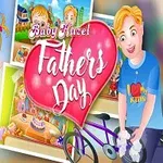Tegning av en smilende jente med en ballong og en blid mann ved en sykkel, med rosa hjerteformet skilt med teksten Fathers Day i bakgrunnen