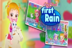 Illustrasjon av en liten jente med en kanin, to bilder av henne i regnvær, og teksten first rain