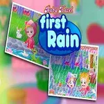 Illustrasjon av en liten jente med en kanin, to bilder av henne i regnvær, og teksten first rain