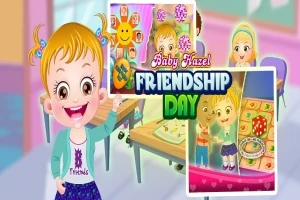 En tegneserie av en smilende liten jente med oransje hår i en klasseromsetting, omgitt av fargerike plakater og teksten Baby Hazel Friendship Day