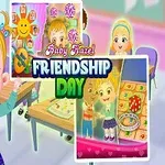 En tegneserie av en smilende liten jente med oransje hår i en klasseromsetting, omgitt av fargerike plakater og teksten Baby Hazel Friendship Day