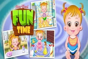 En illustrasjon med en smilende baby med blondt hår, omgitt av tre scener der babyen utfører ulike aktiviteter, med teksten Fun Time i lyse bokstaver