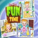En illustrasjon med en smilende baby med blondt hår, omgitt av tre scener der babyen utfører ulike aktiviteter, med teksten Fun Time i lyse bokstaver