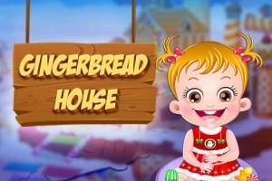 En animert jente med blondt hår i rødt antrekk smiler foran et skilt der det står Gingerbread House