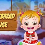 En animert jente med blondt hår i rødt antrekk smiler foran et skilt der det står Gingerbread House