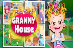 Collage av tegneseriefigurer som inkluderer en smilende jente med blomsterkrans og tekst som sier Granny House