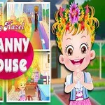 Collage av tegneseriefigurer som inkluderer en smilende jente med blomsterkrans og tekst som sier Granny House