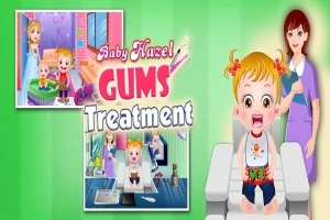En animert baby med en tannlege i bakgrunnen på en klinikk, teksten sier Baby Hazel Gums Treatment