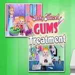 En animert baby med en tannlege i bakgrunnen på en klinikk, teksten sier Baby Hazel Gums Treatment