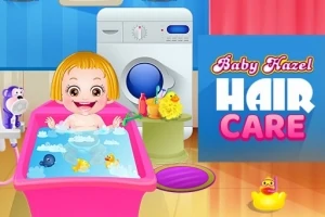 Et barn med kort hår sitter smilende i et rosa badekar fylt med vann, omgitt av badeleker, med en vaskemaskin i bakgrunnen og teksten Hair Care ved siden av