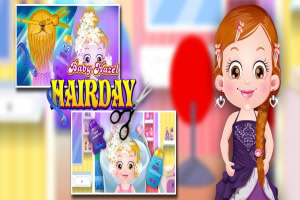 En tegnet jente står i et rom, med to mindre bilder av en katt med solbriller og baby i frisørstol, sammen med teksten Baby Hazel Hairday