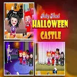 Tegning av en liten jente kledd i Halloween-kostyme med horn og rosa skjørt, omgitt av flere mindre bilder med Halloween-tema